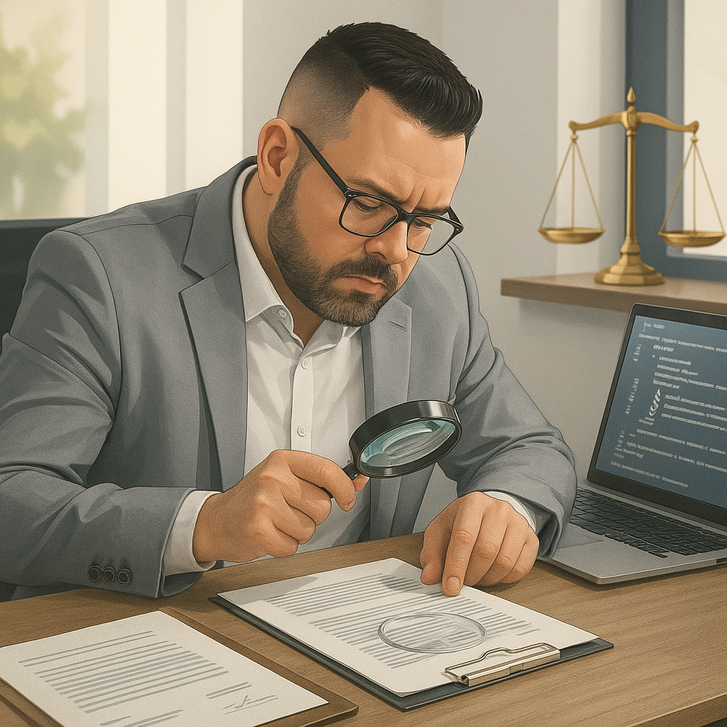 Ilustración de casos de peritaje judicial en Mallorca, con documentos, lupa y elementos legales que representan informes técnicos reales.