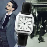Peritación de Relojes Cartier Santos original de 1916 con correa de cuero negro frente a la boutique histórica de Cartier en París