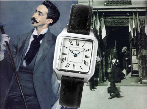 Peritación de Relojes Cartier Santos original de 1916 con correa de cuero negro frente a la boutique histórica de Cartier en París